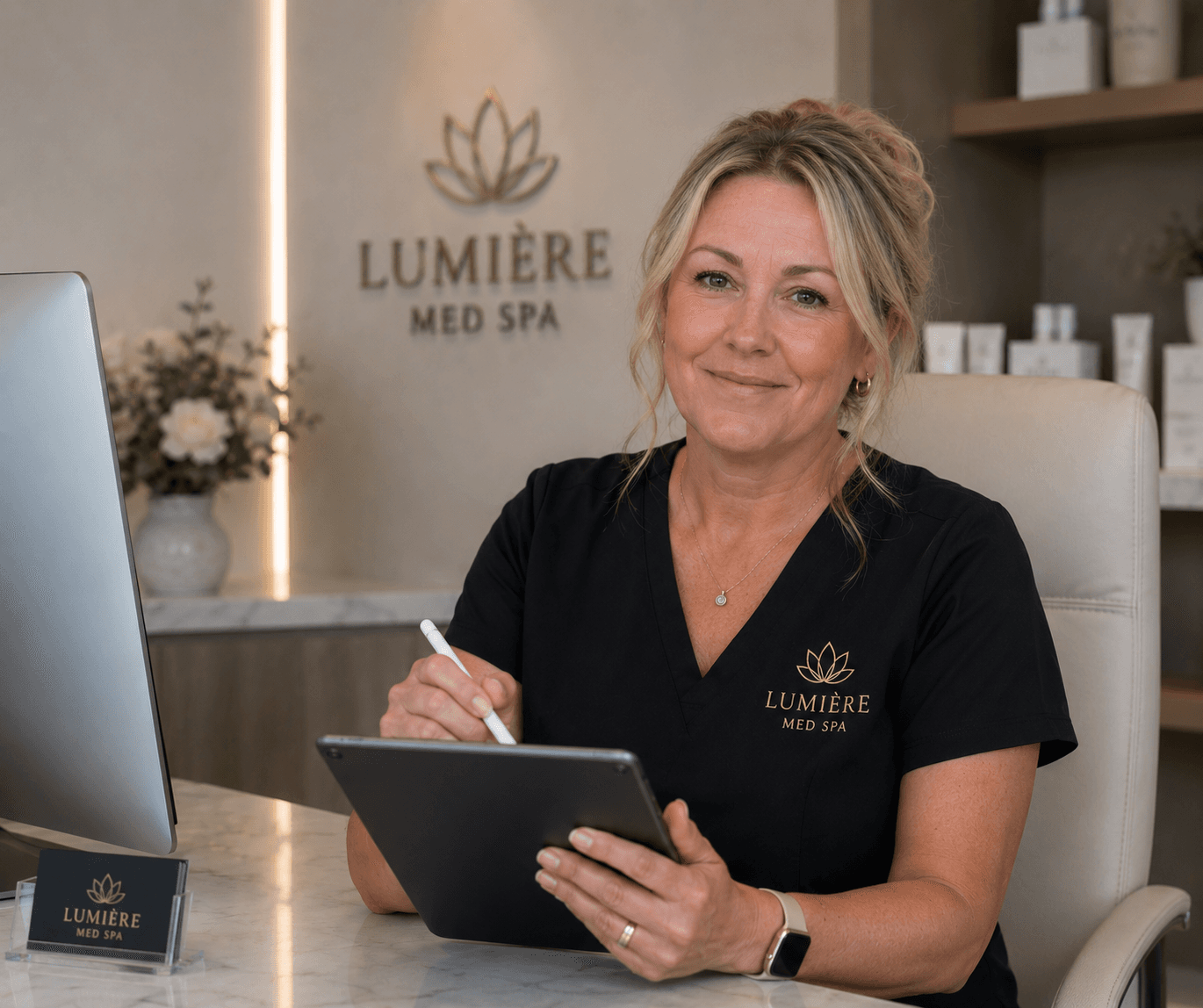 A med spa professional working with a tablet at the front desk.