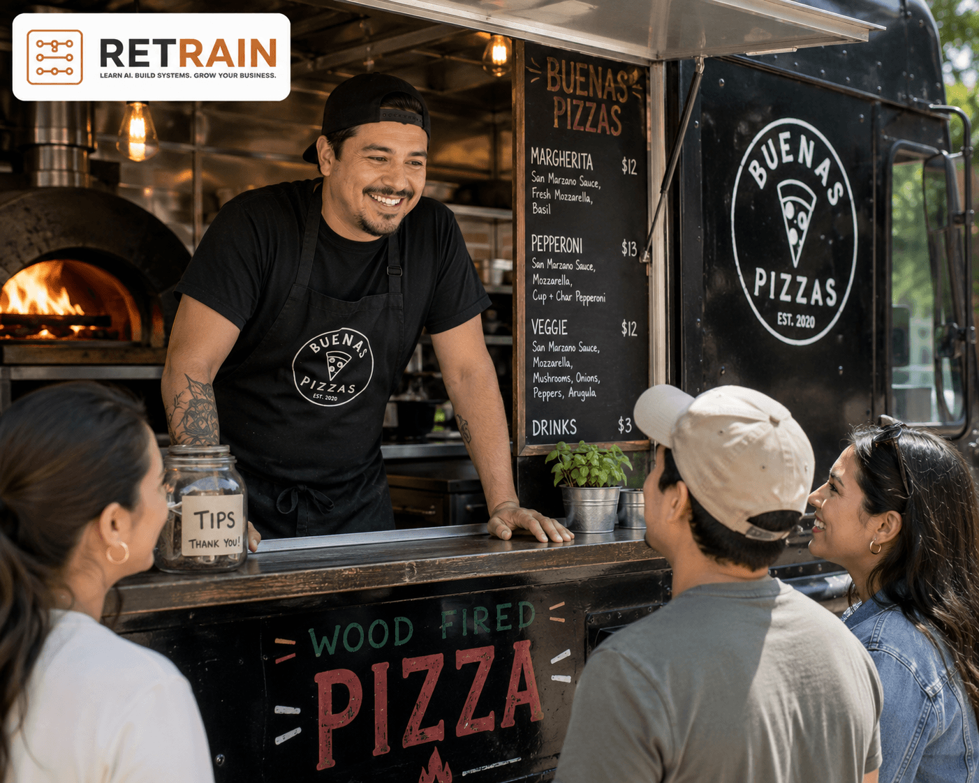 A food truck owner serving customers at a pizza truck.