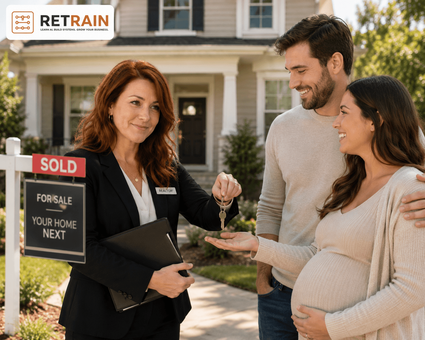 A real estate agent handing keys to a couple outside a home.